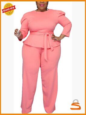 Plus Size 2 Piece Wide Leg Pants Set Long Sleeve Shirt Pant Sets With Belt